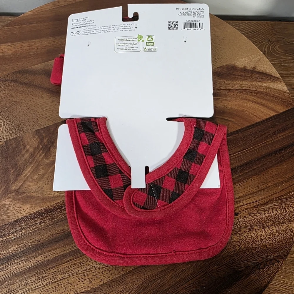 NEW Reindeer My First Christmas Bib and Hat Set Red Black Plaid